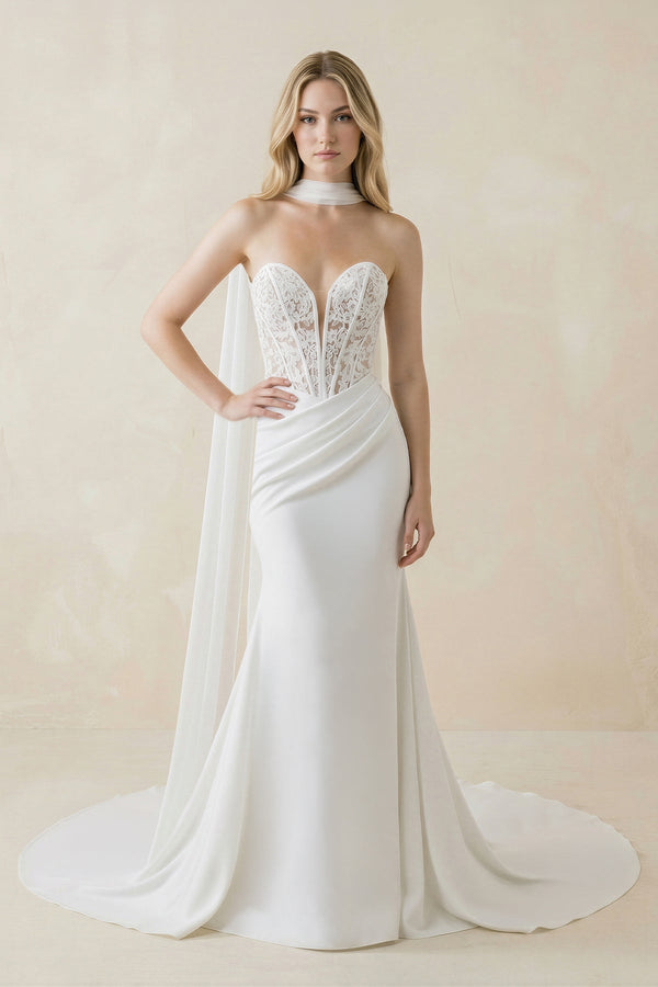 Sweetheart Mermaid Corset Lace Satin Wedding Dress With Scarf in White - KISS BRIDAL Wedding Dresses