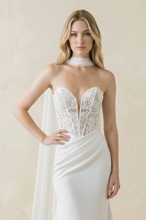 Sweetheart Mermaid Corset Lace Satin Wedding Dress With Scarf in White - KISS BRIDAL Wedding Dresses