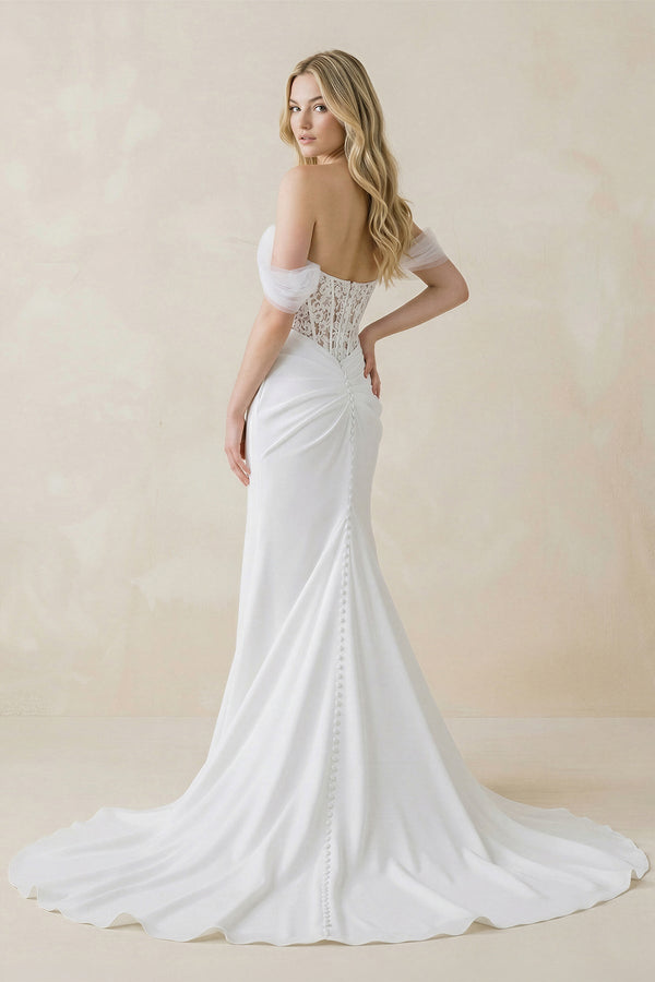 Sweetheart Mermaid Corset Lace Satin Wedding Dress With Scarf in White - KISS BRIDAL Wedding Dresses