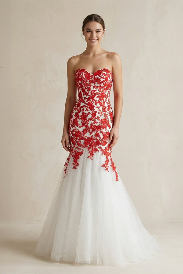 Sweetheart Mermaid Lace Appliqued Wedding Dress in Red - KISS BRIDAL Wedding Dresses
