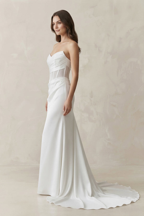 Sweetheart Mermaid Satin Corset Wedding Dress in White - KISS BRIDAL Wedding Dresses