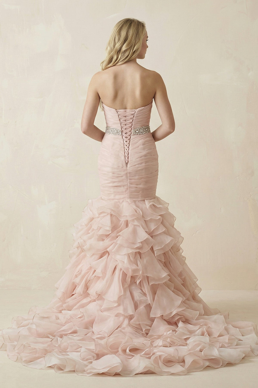 Sweetheart Mermaid Tulle Ruffled Wedding Dress With Waist Embellishment in Pink