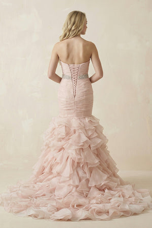 Sweetheart Mermaid Tulle Ruffled Wedding Dress With Waist Embellishment in Pink - KISS BRIDAL Wedding Dresses
