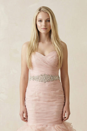 Sweetheart Mermaid Tulle Ruffled Wedding Dress With Waist Embellishment in Pink - KISS BRIDAL Wedding Dresses