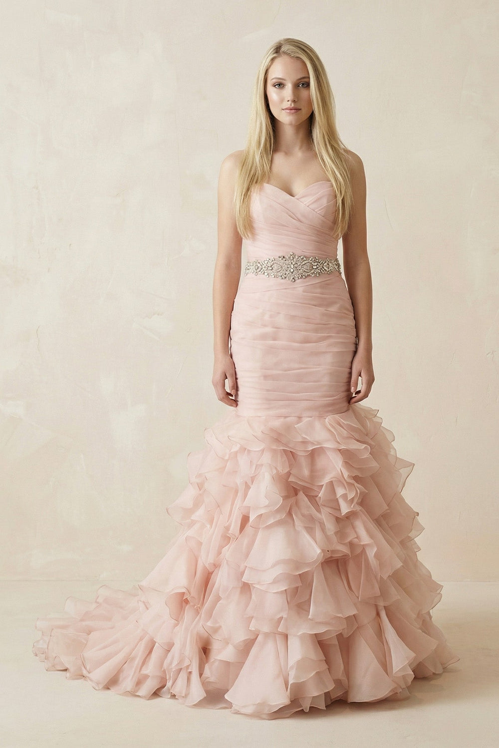 Sweetheart Mermaid Tulle Ruffled Wedding Dress With Waist Embellishment in Pink