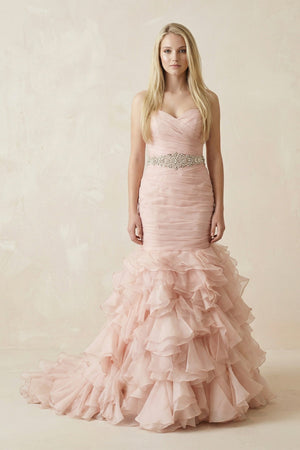 Sweetheart Mermaid Tulle Ruffled Wedding Dress With Waist Embellishment in Pink - KISS BRIDAL Wedding Dresses