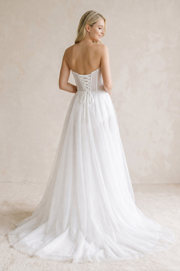 Sweetheart Pleated A-Line Tulle Corset Wedding Dress in White — KissBrida