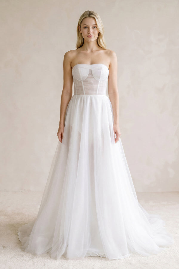 Sweetheart Pleated A-Line Tulle Corset Wedding Dress in White — KissBridal