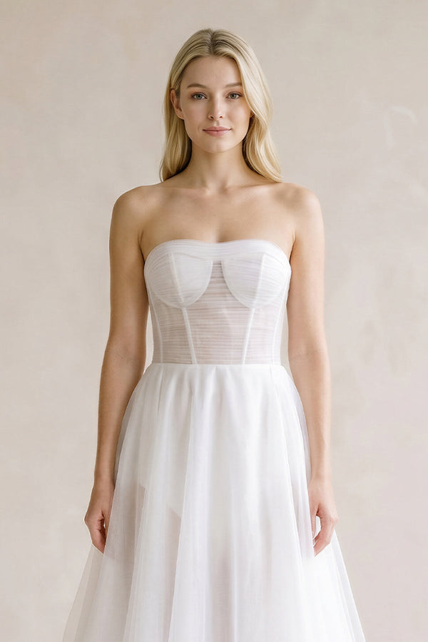 Sweetheart Pleated A-Line Tulle Corset Wedding Dress in White — KissBrida