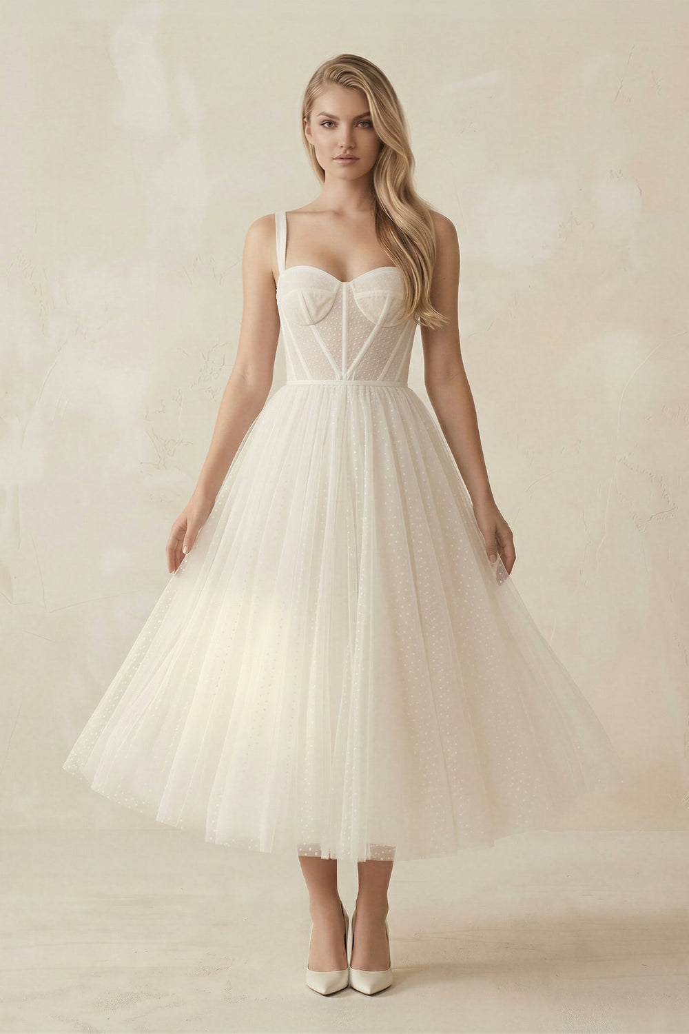 Sweetheart Polka Dot Tulle A-Line Corset Midi Wedding Dress in Ivory