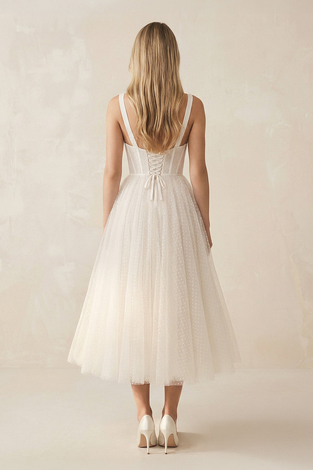 Sweetheart Polka Dot Tulle A-Line Corset Midi Wedding Dress in Ivory
