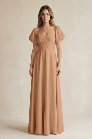 Sweetheart Puff Sleeve A - Line Chiffon Bridesmaid Dress in Bronzer - KISS BRIDAL Bridesmaid Dresses