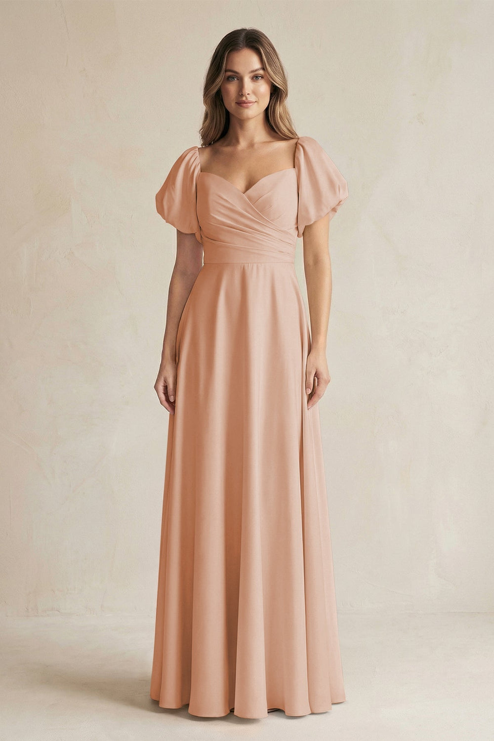 Sweetheart Puff Sleeve A-Line Chiffon Bridesmaid Dress in Champagne Rose