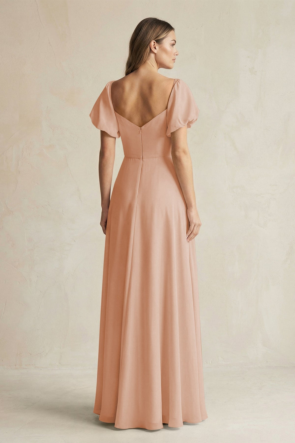 Sweetheart Puff Sleeve A-Line Chiffon Bridesmaid Dress in Champagne Rose