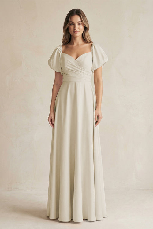 Sweetheart Puff Sleeve A - Line Chiffon Bridesmaid Dress in Dove Gray - KISS BRIDAL Bridesmaid Dresses