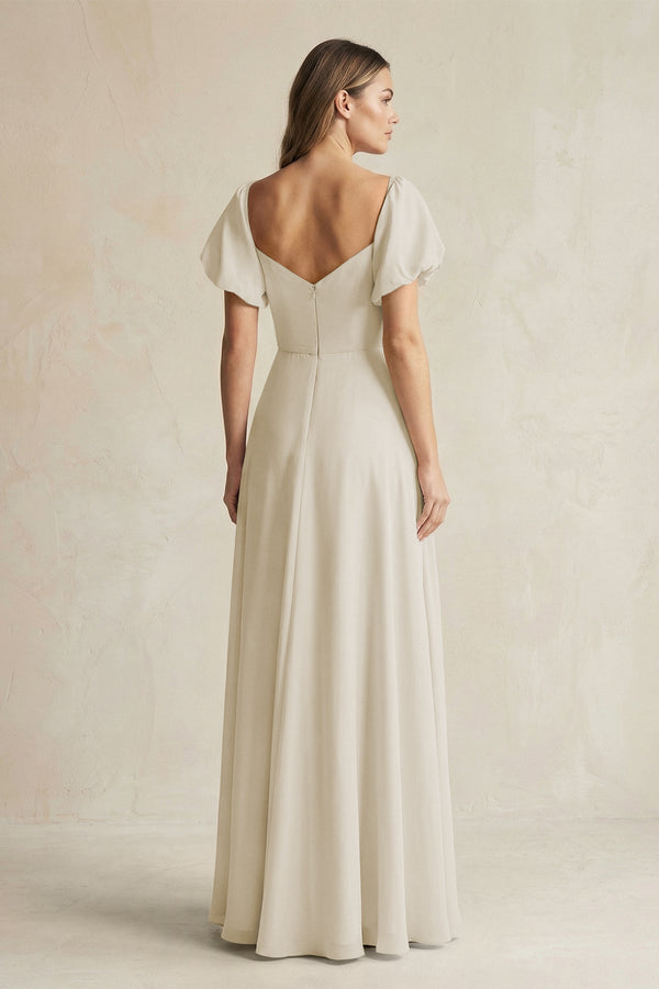 Sweetheart Puff Sleeve A - Line Chiffon Bridesmaid Dress in Dove Gray - KISS BRIDAL Bridesmaid Dresses