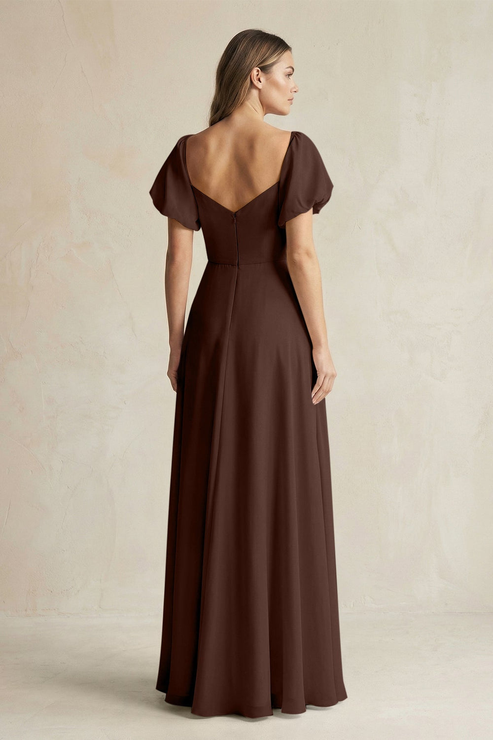 Sweetheart Puff Sleeve A-Line Chiffon Bridesmaid Dress in Espresso