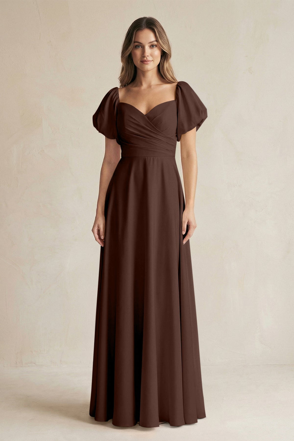 Sweetheart Puff Sleeve A-Line Chiffon Bridesmaid Dress in Espresso