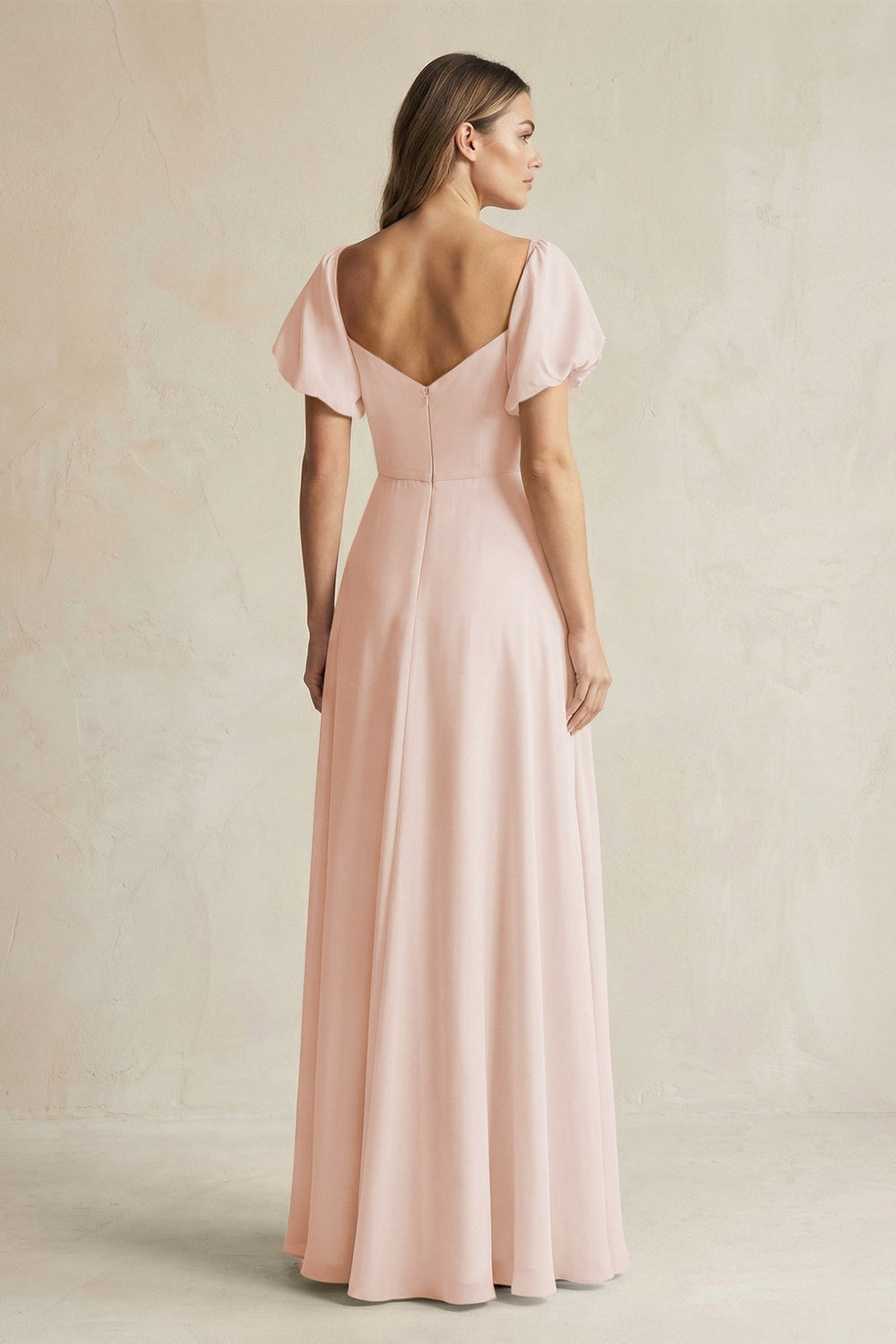 Sweetheart Puff Sleeve A-Line Chiffon Bridesmaid Dress in Pale Blush