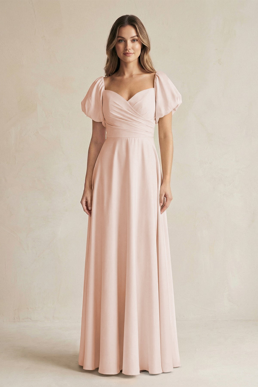Sweetheart Puff Sleeve A-Line Chiffon Bridesmaid Dress in Pale Blush