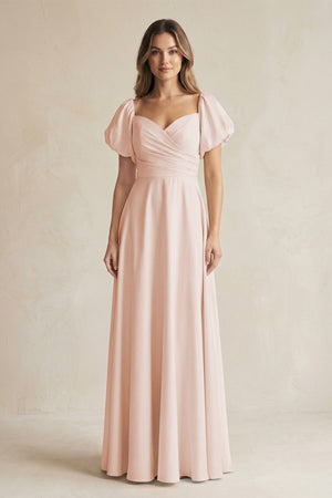 Sweetheart Puff Sleeve A - Line Chiffon Bridesmaid Dress in Pale Blush - KISS BRIDAL Bridesmaid Dresses