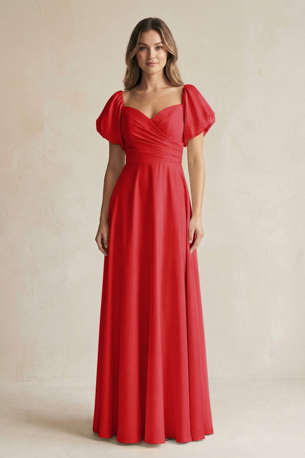 Sweetheart Puff Sleeve A-Line Chiffon Bridesmaid Dress in Ruby Red