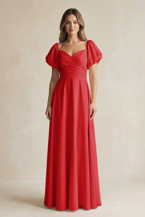 Sweetheart Puff Sleeve A - Line Chiffon Bridesmaid Dress in Ruby Red - KISS BRIDAL Bridesmaid Dresses