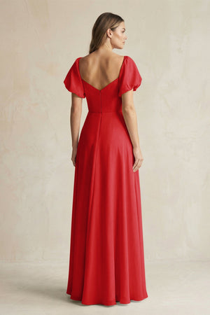 Sweetheart Puff Sleeve A - Line Chiffon Bridesmaid Dress in Ruby Red - KISS BRIDAL Bridesmaid Dresses