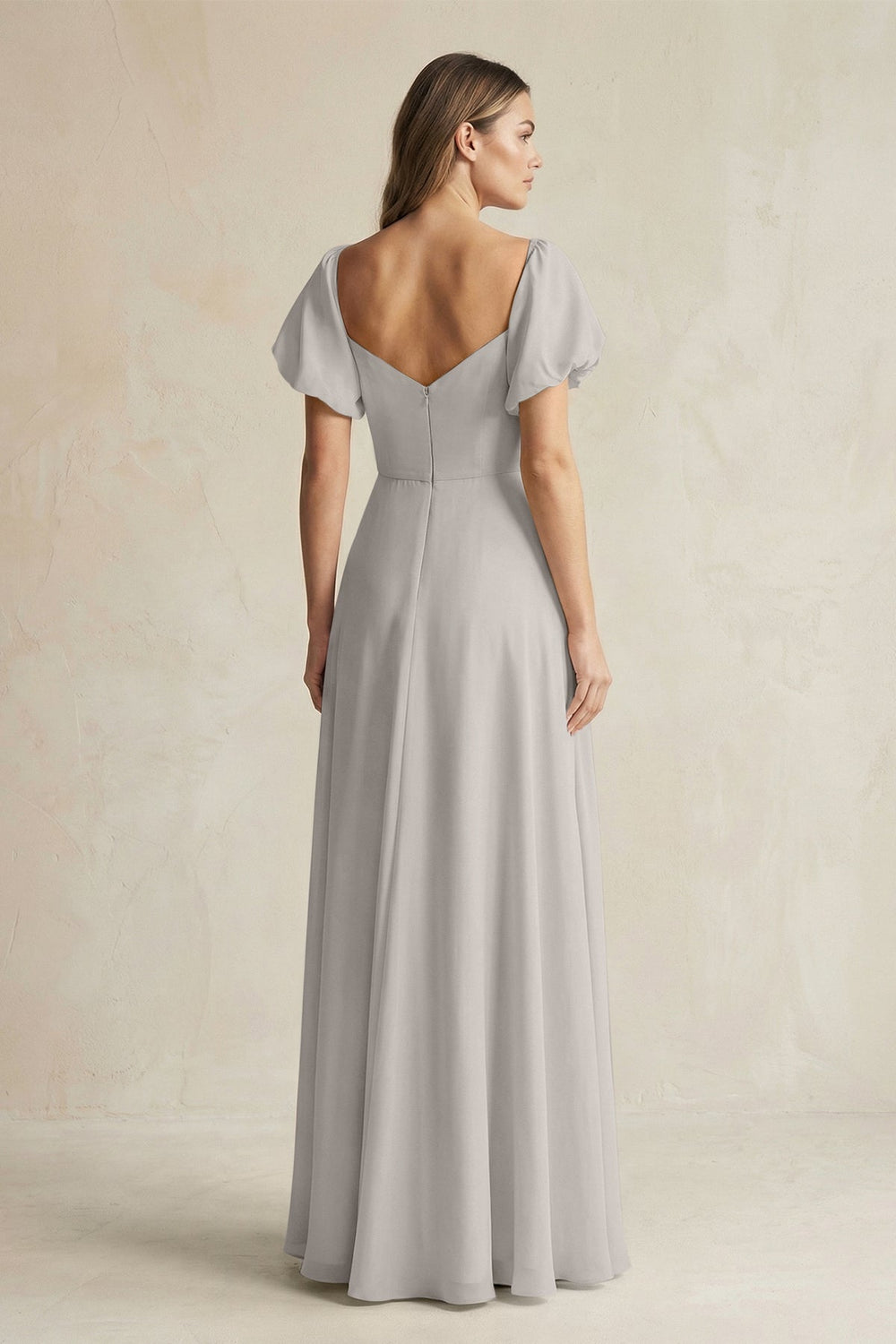 Sweetheart Puff Sleeve A-Line Chiffon Bridesmaid Dress in Silver