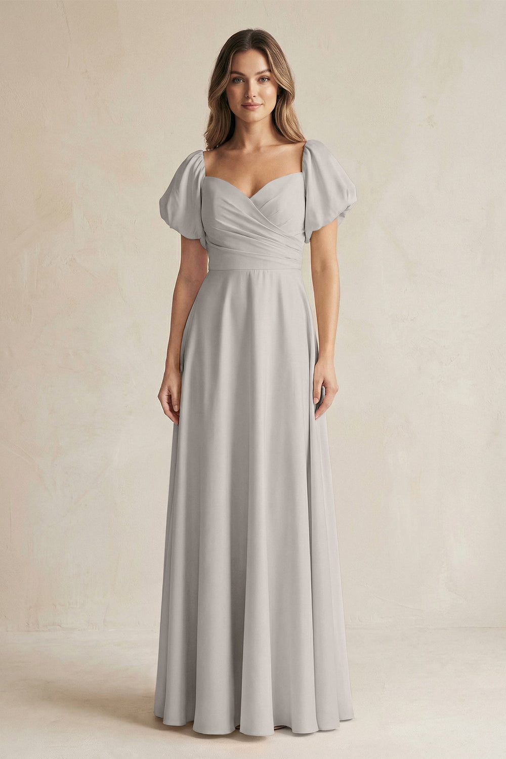 Sweetheart Puff Sleeve A-Line Chiffon Bridesmaid Dress in Silver