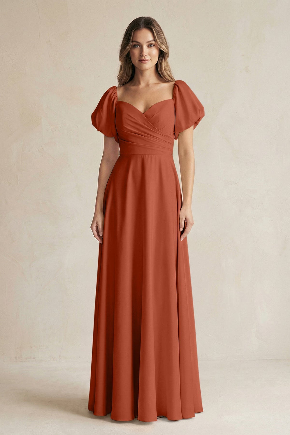 Sweetheart Puff Sleeve A-Line Chiffon Bridesmaid Dress in Spice