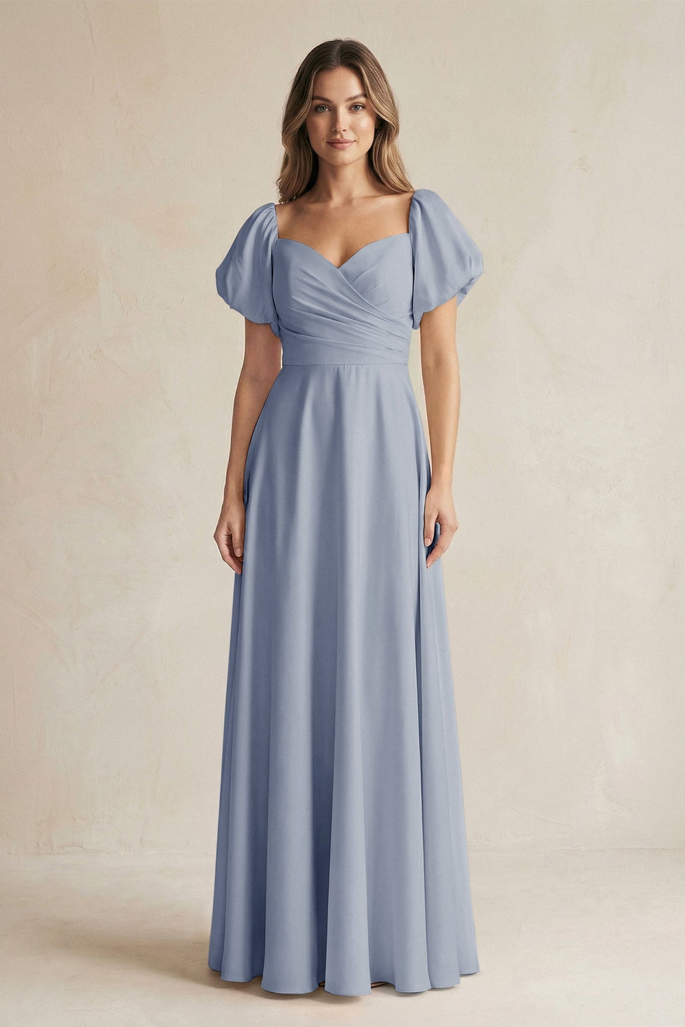 Sweetheart Puff Sleeve A-Line Chiffon Bridesmaid Dress in Twilight