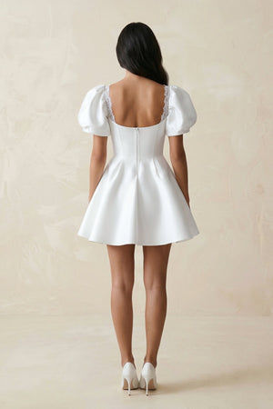 Sweetheart Puff Sleeves Satin A - Line Wedding Dress in White - KISS BRIDAL Wedding Dresses