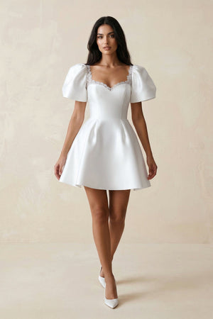 Sweetheart Puff Sleeves Satin A - Line Wedding Dress in White - KISS BRIDAL Wedding Dresses