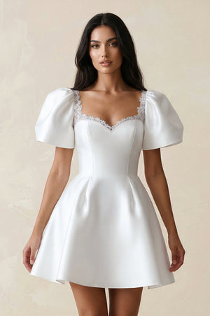 Sweetheart Puff Sleeves Satin A - Line Wedding Dress in White - KISS BRIDAL Wedding Dresses