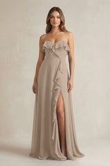 Sweetheart Ruffled A-Line Chiffon Bridesmaid Dress in Almond | KISSBRIDAL