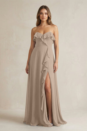 Sweetheart Ruffled A-Line Chiffon Bridesmaid Dress in Almond | KISSBRIDAL