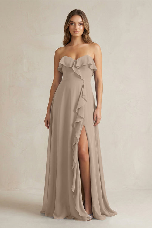 Sweetheart Ruffled A-Line Chiffon Bridesmaid Dress in Almond | KISSBRIDAL