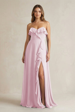 Sweetheart Ruffled A-Line Chiffon Bridesmaid Dress in Candy Pink | KISSBRIDAL