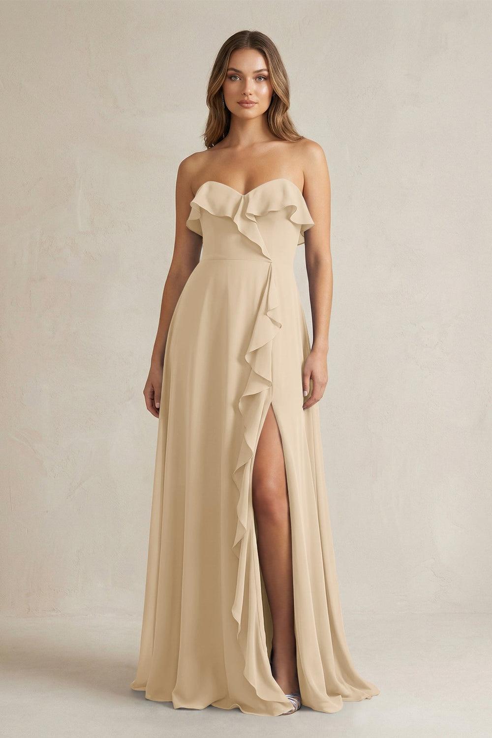 Sweetheart Ruffled A-Line Chiffon Bridesmaid Dress in Champagne