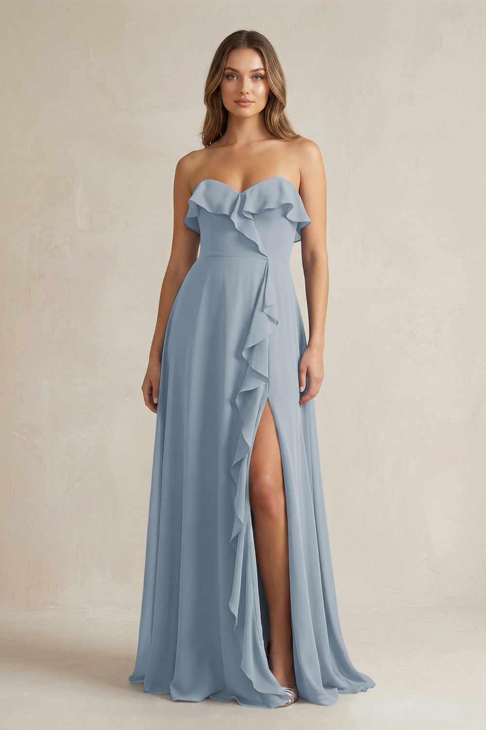 Sweetheart Ruffled A-Line Chiffon Bridesmaid Dress in Dusty Blue