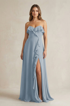 Sweetheart Ruffled A-Line Chiffon Bridesmaid Dress in Dusty Blue | KISSBRIDAL