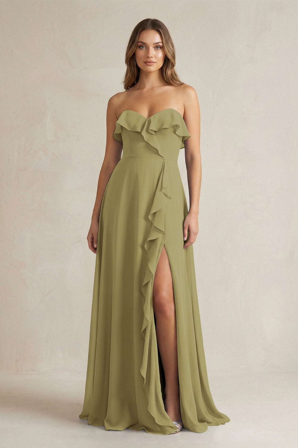 Sweetheart Ruffled A-Line Chiffon Bridesmaid Dress in Moss Green