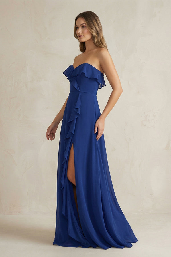 Sweetheart Ruffled A - Line Chiffon Bridesmaid Dress in Royal Blue - KISS BRIDAL Bridesmaid Dresses