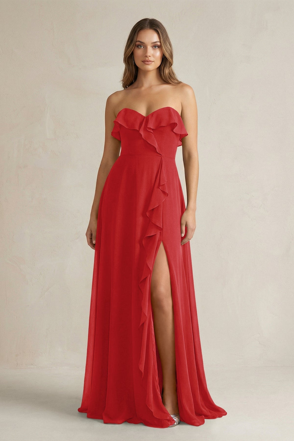 Sweetheart Ruffled A-Line Chiffon Bridesmaid Dress in Ruby Red