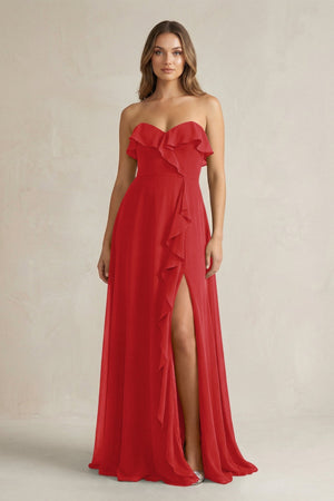 Sweetheart Ruffled A - Line Chiffon Bridesmaid Dress in Ruby Red - KISS BRIDAL Bridesmaid Dresses