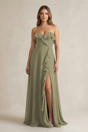 Sweetheart Ruffled A-Line Chiffon Bridesmaid Dress in Thyme | KISSBRIDAL