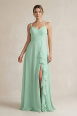 Sweetheart Ruffled A-Line Chiffon Bridesmaid Dress with Slit in Pale Pistachio - KISS BRIDAL BRIDESMAID DRESSES