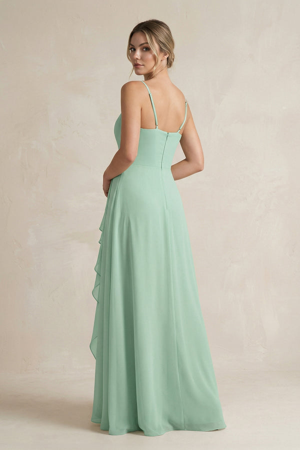 Sweetheart Ruffled A-Line Chiffon Bridesmaid Dress with Slit in Pale Pistachio - KISS BRIDAL BRIDESMAID DRESSES