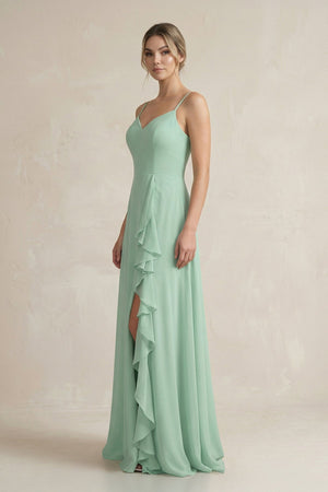 Sweetheart Ruffled A-Line Chiffon Bridesmaid Dress with Slit in Pale Pistachio - KISS BRIDAL BRIDESMAID DRESSES
